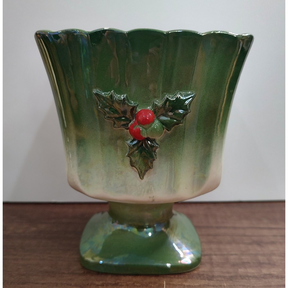 Christmas Holly Pedestal Planter Wolin Japan Ceramic Vintage S10